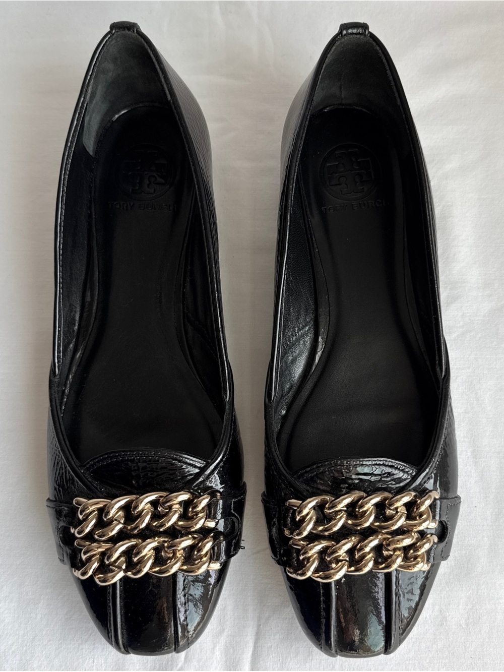 Tory Burch Black Patent Leather Flats with Gold Chain Accent